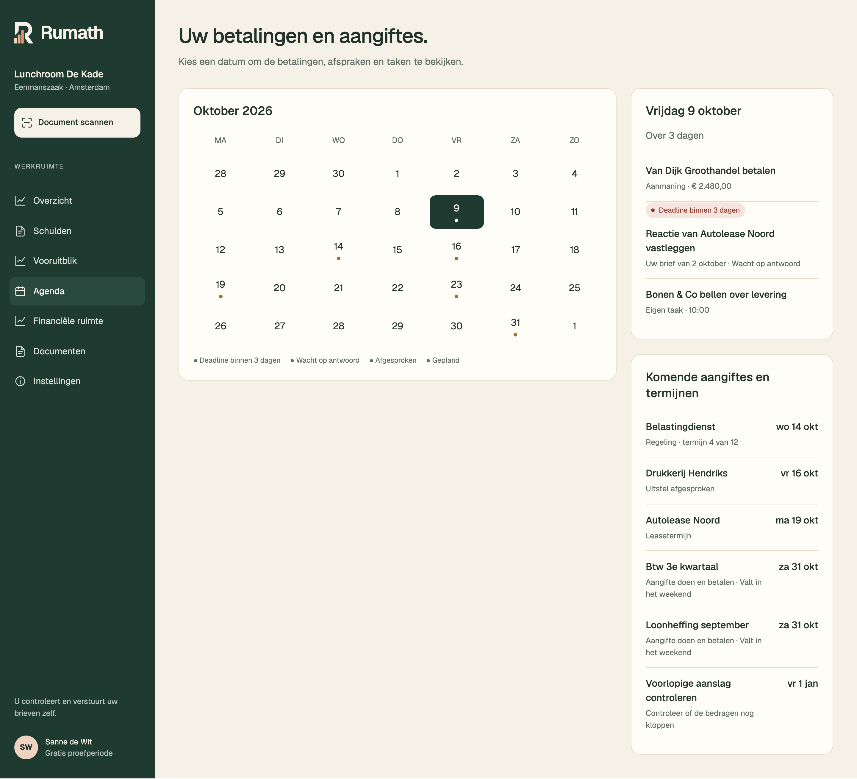 Voorbeeld van de agenda met betaal- en aangiftedatums en de taken op vrijdag 9 oktober.
