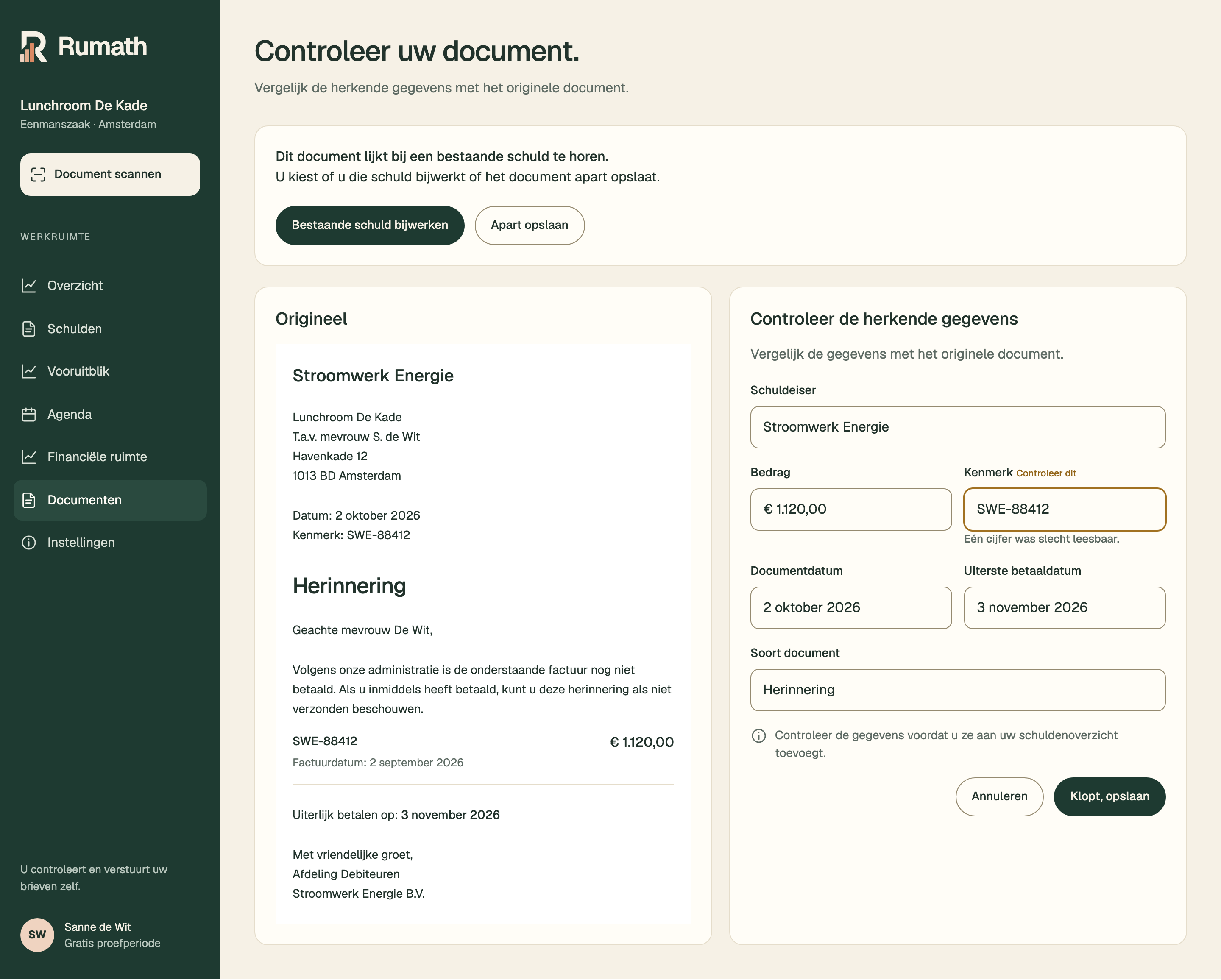 Voorbeeld van een gescande herinnering naast de herkende gegevens. Bij een mogelijke dubbele schuld kiest u tussen bijwerken en apart opslaan.