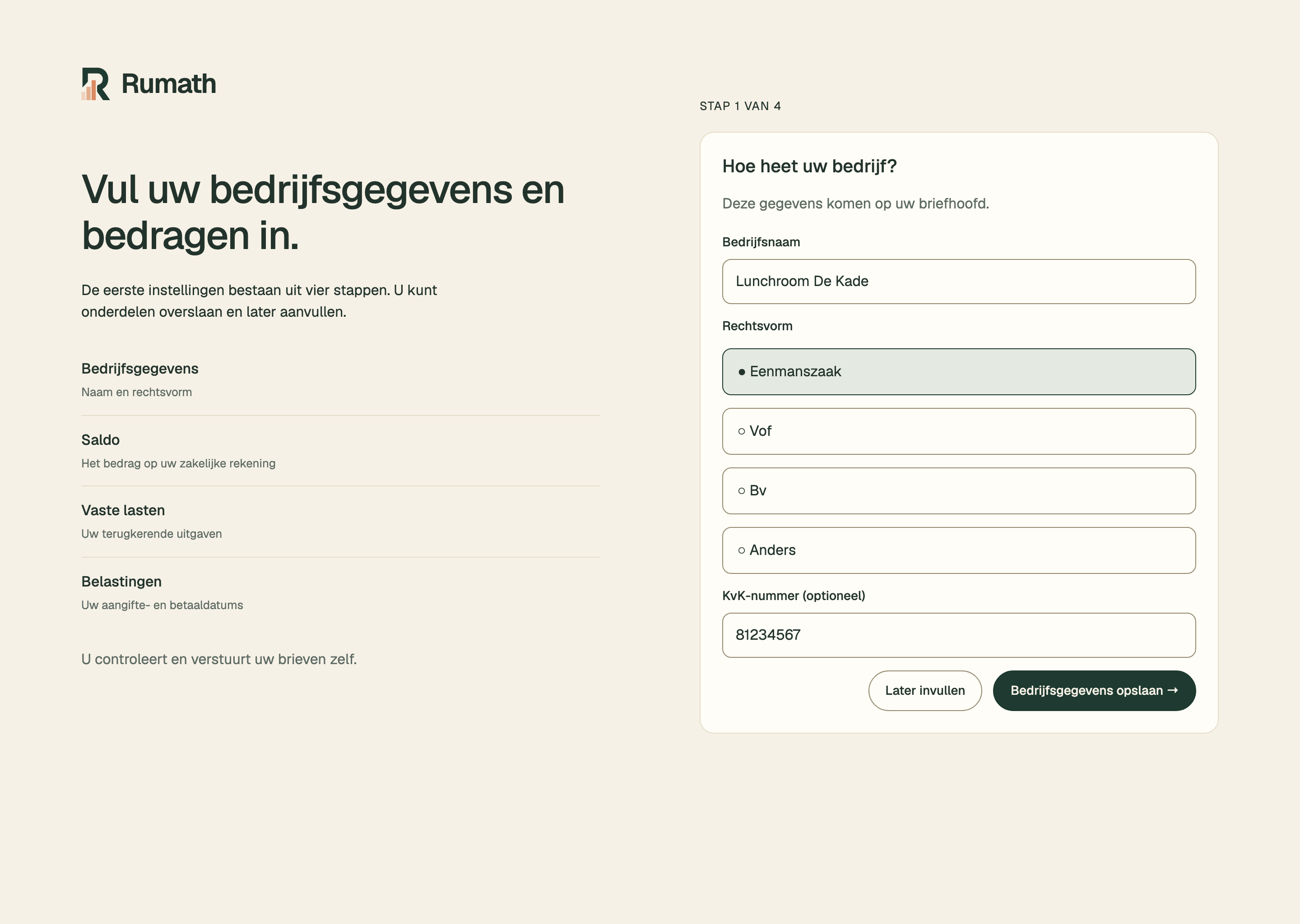 Voorbeeld van het instellen van Rumath: bedrijfsnaam, rechtsvorm en optioneel KvK-nummer invullen.
