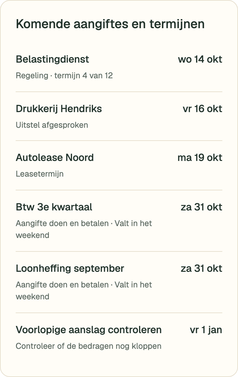 Voorbeelden van komende belastingaangiftes en termijnen, met een melding bij datums in het weekend.