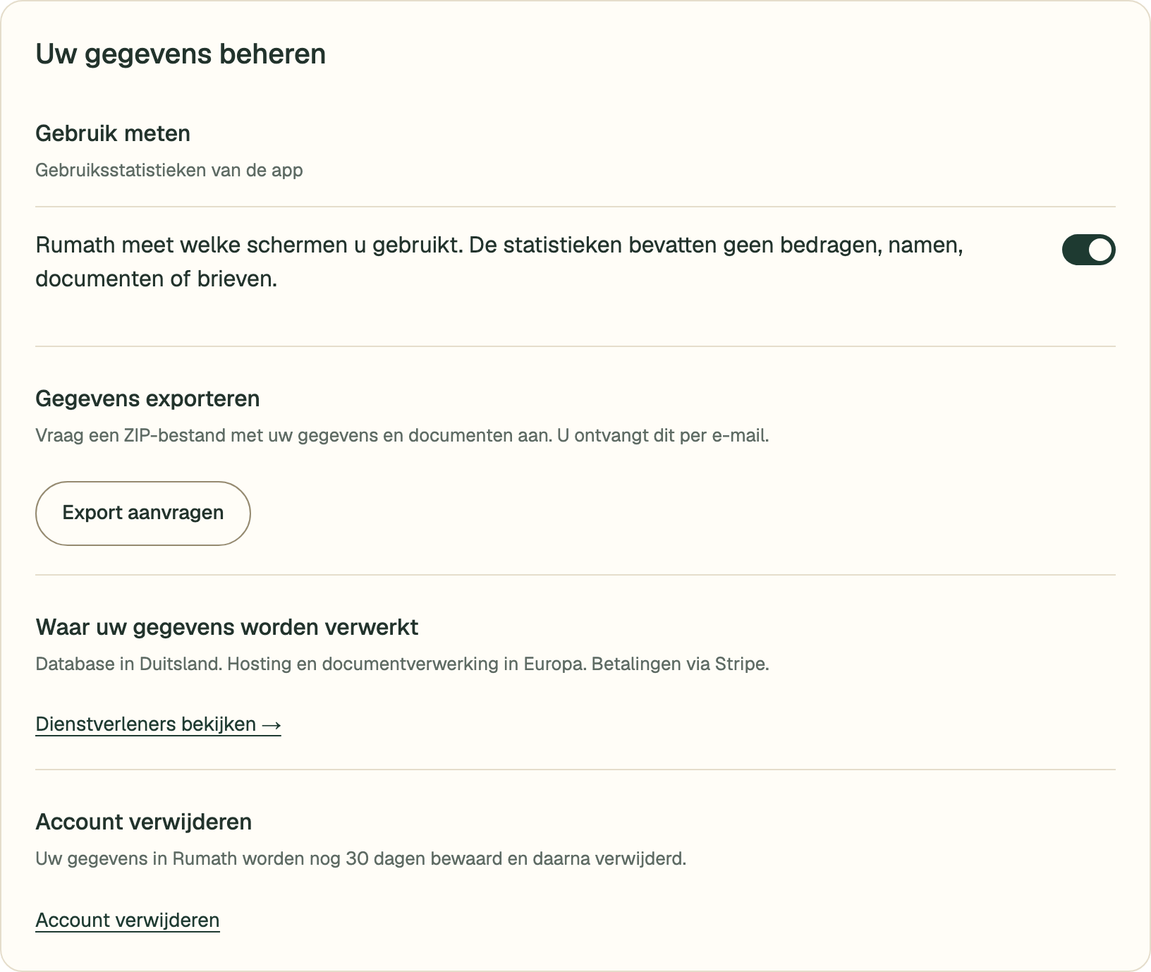 Instellingen voor gebruiksstatistieken, een export van uw gegevens en het verwijderen van uw account.