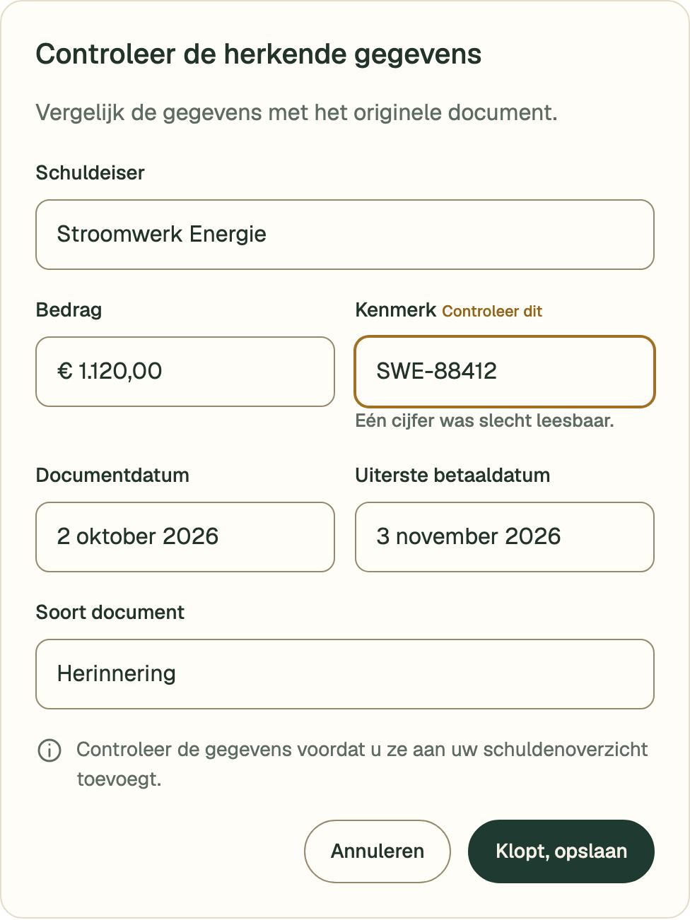 Voorbeeld van herkende documentgegevens. Het kenmerk is gemarkeerd voor extra controle voordat u de gegevens toevoegt.