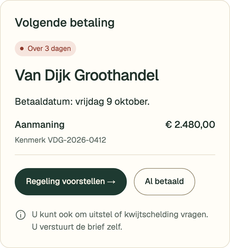 Voorbeeld: een aanmaning van Van Dijk Groothandel voor € 2.480, met de opties Regeling voorstellen en Al betaald.