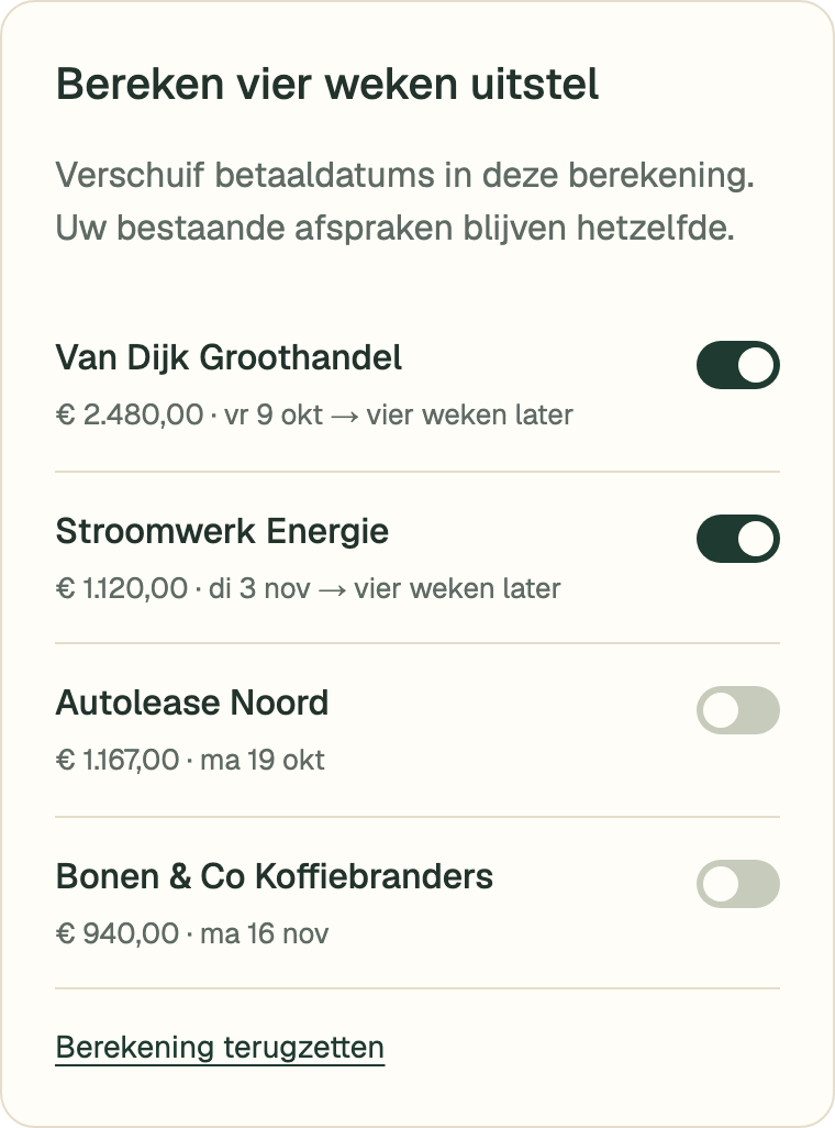 Voorbeeldberekening waarin twee schuldeisers vier weken later worden betaald. De bestaande betaalafspraken blijven hetzelfde.